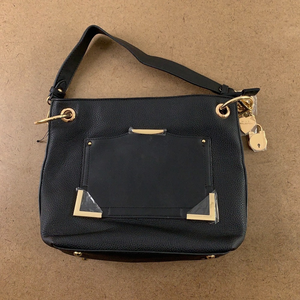 Mia K Collection Women's Black Faux Leather Gold Tone Detail Hobo Purse New